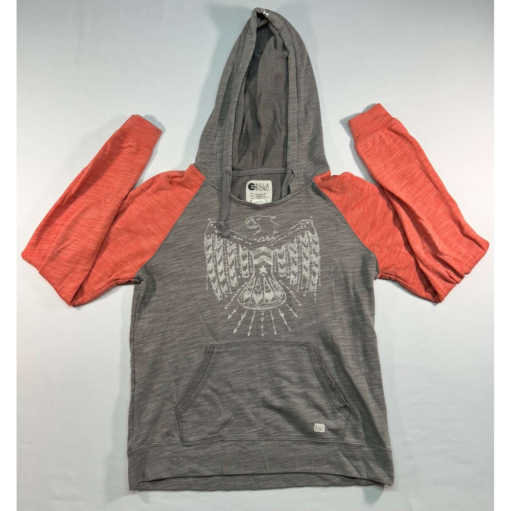 Billabong Womens Grey Coral Raglan Hoodie Thunderbird Graphic Sweatshirt Small